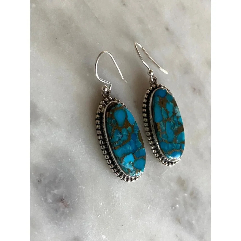 NEW Spiney Turquoise Beaded Sterling Silver Dangle Earrings